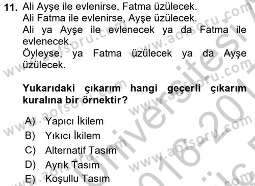 Klasik Mantık Dersi 2016 - 2017 Yılı 3 Ders Sınav Soruları 11. Soru