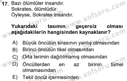 Klasik Mantık Dersi 2016 - 2017 Yılı 3 Ders Sınav Soruları 17. Soru