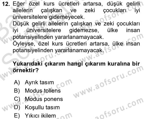 Klasik Mantık Dersi 2016 - 2017 Yılı (Final) Dönem Sonu Sınav Soruları 12. Soru