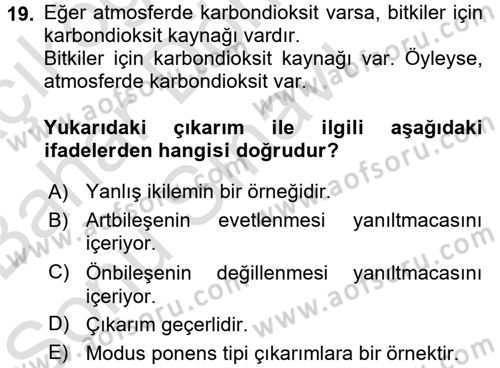 Klasik Mantık Dersi 2016 - 2017 Yılı (Final) Dönem Sonu Sınav Soruları 19. Soru