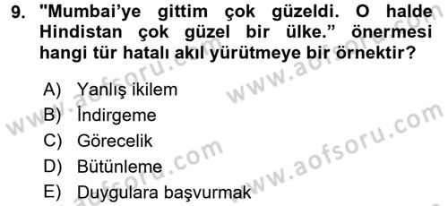 Klasik Mantık Dersi 2016 - 2017 Yılı (Final) Dönem Sonu Sınav Soruları 9. Soru