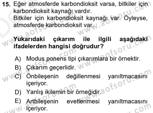 Klasik Mantık Dersi 2017 - 2018 Yılı 3 Ders Sınav Soruları 15. Soru