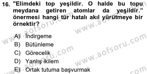 Klasik Mantık Dersi 2017 - 2018 Yılı 3 Ders Sınav Soruları 16. Soru