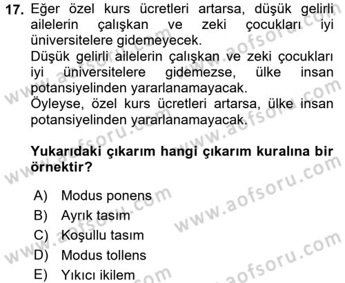 Klasik Mantık Dersi 2017 - 2018 Yılı 3 Ders Sınav Soruları 17. Soru