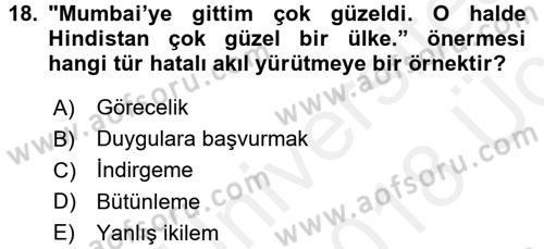 Klasik Mantık Dersi 2017 - 2018 Yılı 3 Ders Sınav Soruları 18. Soru
