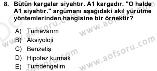 Klasik Mantık Dersi 2017 - 2018 Yılı 3 Ders Sınav Soruları 8. Soru
