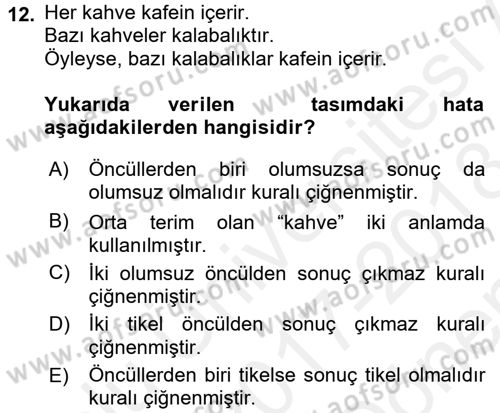 Klasik Mantık Dersi 2017 - 2018 Yılı (Final) Dönem Sonu Sınav Soruları 12. Soru