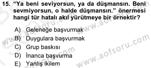 Klasik Mantık Dersi 2017 - 2018 Yılı (Final) Dönem Sonu Sınav Soruları 15. Soru