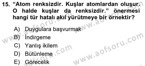 Klasik Mantık Dersi 2018 - 2019 Yılı 3 Ders Sınav Soruları 15. Soru