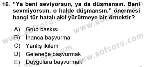 Klasik Mantık Dersi 2018 - 2019 Yılı 3 Ders Sınav Soruları 16. Soru