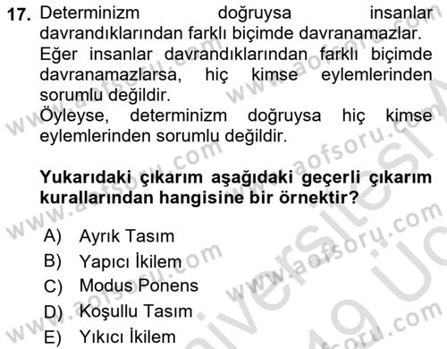 Klasik Mantık Dersi 2018 - 2019 Yılı 3 Ders Sınav Soruları 17. Soru