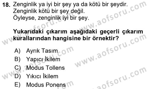 Klasik Mantık Dersi 2018 - 2019 Yılı 3 Ders Sınav Soruları 18. Soru
