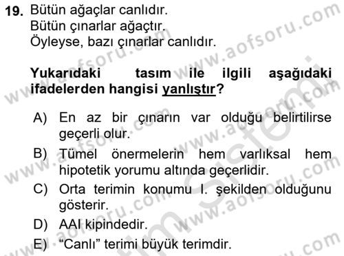 Klasik Mantık Dersi 2018 - 2019 Yılı 3 Ders Sınav Soruları 19. Soru