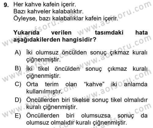 Klasik Mantık Dersi 2018 - 2019 Yılı 3 Ders Sınav Soruları 9. Soru