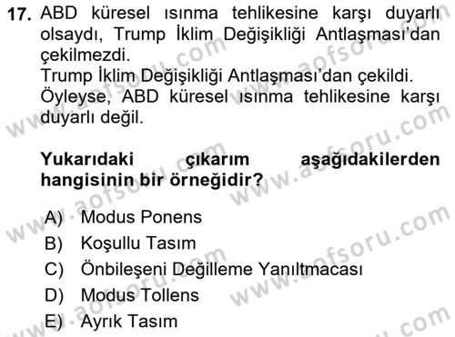 Klasik Mantık Dersi 2018 - 2019 Yılı (Final) Dönem Sonu Sınav Soruları 17. Soru