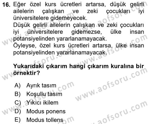 Klasik Mantık Dersi 2018 - 2019 Yılı Yaz Okulu Sınav Soruları 16. Soru