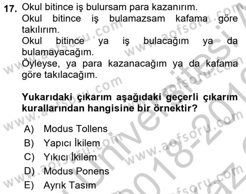 Klasik Mantık Dersi 2018 - 2019 Yılı Yaz Okulu Sınav Soruları 17. Soru