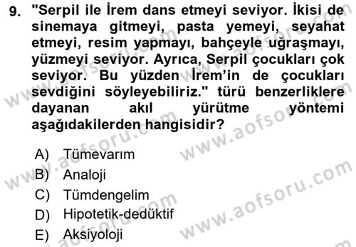 Klasik Mantık Dersi 2018 - 2019 Yılı Yaz Okulu Sınav Soruları 9. Soru