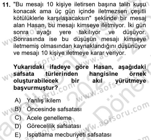 Klasik Mantık Dersi 2021 - 2022 Yılı (Final) Dönem Sonu Sınav Soruları 11. Soru