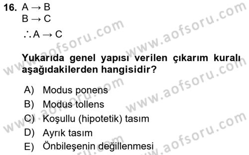 Klasik Mantık Dersi 2021 - 2022 Yılı (Final) Dönem Sonu Sınav Soruları 16. Soru