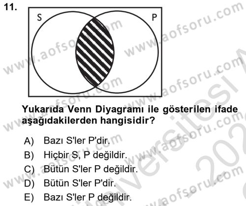 Klasik Mantık Dersi 2021 - 2022 Yılı Yaz Okulu Sınav Soruları 11. Soru