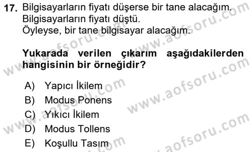 Klasik Mantık Dersi 2021 - 2022 Yılı Yaz Okulu Sınav Soruları 17. Soru
