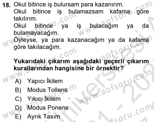 Klasik Mantık Dersi 2021 - 2022 Yılı Yaz Okulu Sınav Soruları 18. Soru