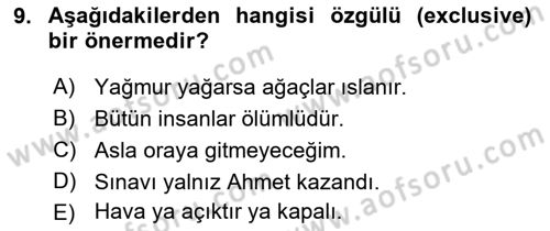 Klasik Mantık Dersi 2021 - 2022 Yılı Yaz Okulu Sınav Soruları 9. Soru