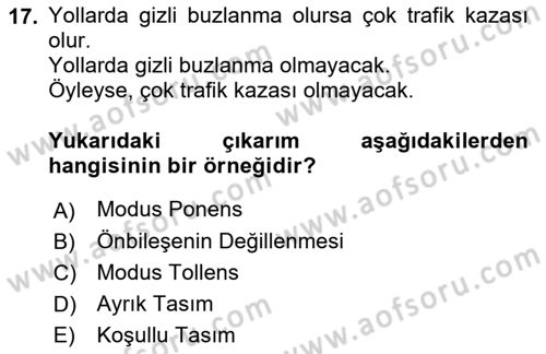 Klasik Mantık Dersi 2022 - 2023 Yılı Yaz Okulu Sınav Soruları 17. Soru