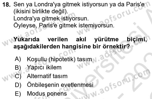 Klasik Mantık Dersi 2022 - 2023 Yılı Yaz Okulu Sınavı 18. Soru