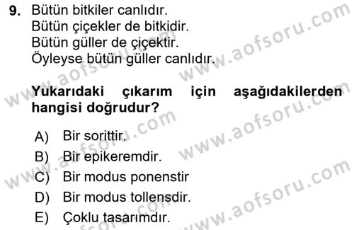 Klasik Mantık Dersi 2022 - 2023 Yılı Yaz Okulu Sınav Soruları 9. Soru