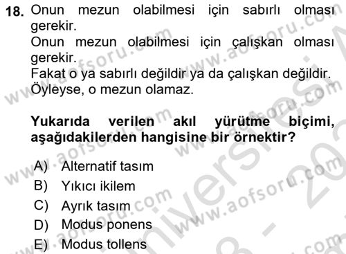 Klasik Mantık Dersi 2023 - 2024 Yılı (Final) Dönem Sonu Sınav Soruları 18. Soru