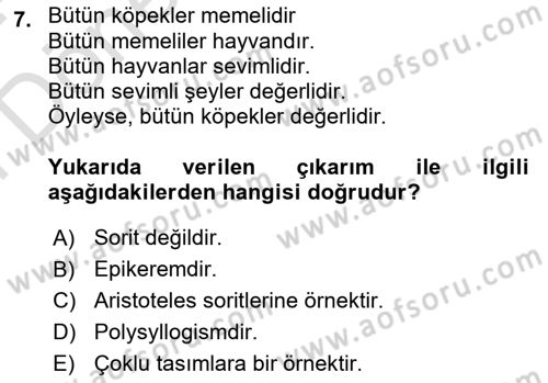 Klasik Mantık Dersi 2023 - 2024 Yılı (Final) Dönem Sonu Sınav Soruları 7. Soru
