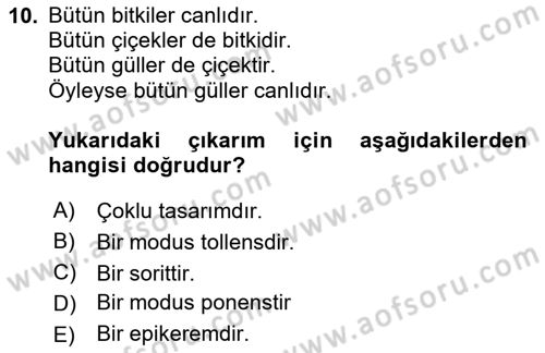 Klasik Mantık Dersi 2023 - 2024 Yılı Yaz Okulu Sınav Soruları 10. Soru