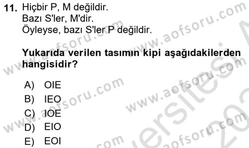 Klasik Mantık Dersi 2023 - 2024 Yılı Yaz Okulu Sınav Soruları 11. Soru