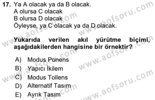 Klasik Mantık Dersi 2023 - 2024 Yılı Yaz Okulu Sınav Soruları 17. Soru