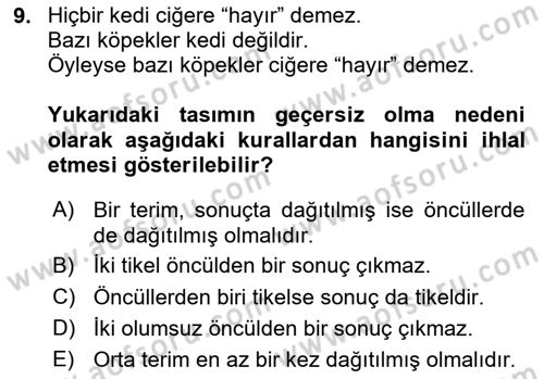 Klasik Mantık Dersi 2023 - 2024 Yılı Yaz Okulu Sınav Soruları 9. Soru