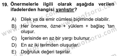Klasik Mantık Dersi 2024 - 2025 Yılı (Vize) Ara Sınav Soruları 19. Soru