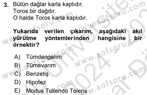Klasik Mantık Dersi 2024 - 2025 Yılı (Vize) Ara Sınav Soruları 3. Soru