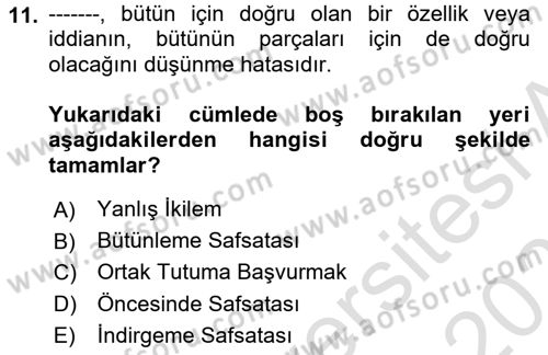 Klasik Mantık Dersi 2024 - 2025 Yılı (Final) Dönem Sonu Sınav Soruları 11. Soru