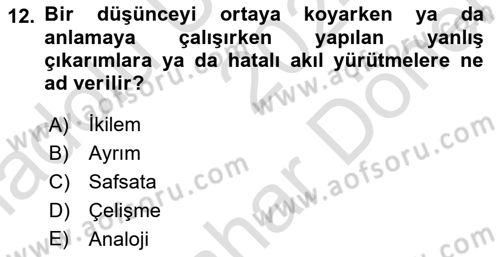 Klasik Mantık Dersi 2024 - 2025 Yılı (Final) Dönem Sonu Sınav Soruları 12. Soru