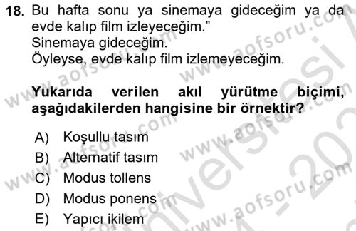 Klasik Mantık Dersi 2024 - 2025 Yılı (Final) Dönem Sonu Sınav Soruları 18. Soru