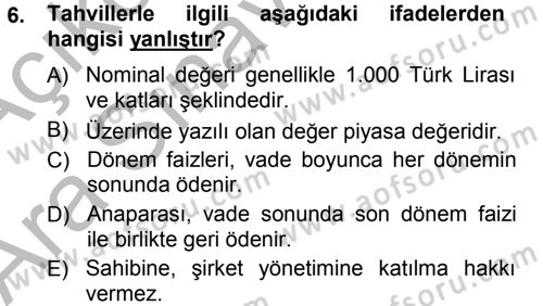 Menkul Kıymet Yatırımları Dersi Ara Sınavı Deneme Sınav Soruları 6. Soru