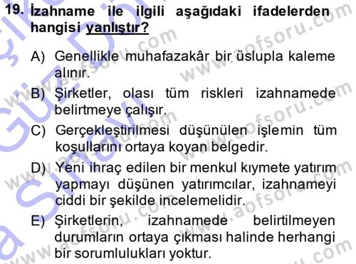 Menkul Kıymet Yatırımları Dersi Ara Sınavı Deneme Sınav Soruları 19. Soru