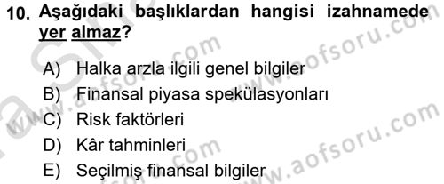 Menkul Kıymet Yatırımları Dersi 2016 - 2017 Yılı (Vize) Ara Sınav Soruları 10. Soru