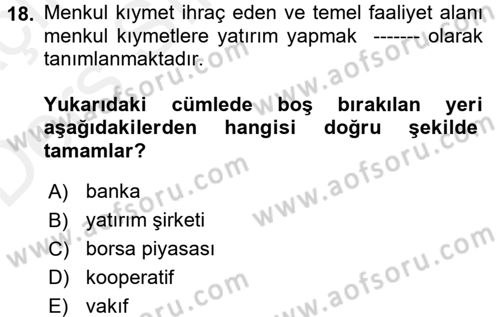 Menkul Kıymet Yatırımları Dersi 2017 - 2018 Yılı 3 Ders Sınav Soruları 18. Soru
