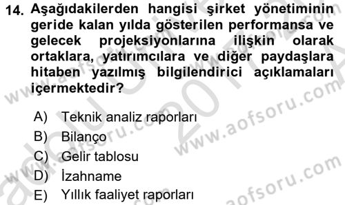 Menkul Kıymet Yatırımları Dersi Ara Sınavı Deneme Sınav Soruları 14. Soru