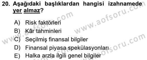 Menkul Kıymet Yatırımları Dersi Ara Sınavı Deneme Sınav Soruları 20. Soru
