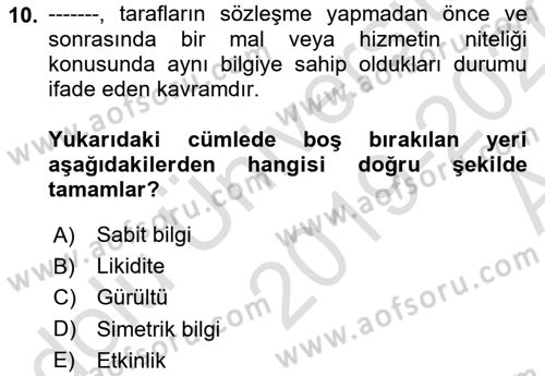 Menkul Kıymet Yatırımları Dersi Ara Sınavı Deneme Sınav Soruları 10. Soru