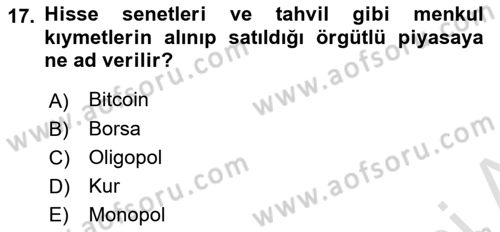Menkul Kıymet Yatırımları Dersi 2019 - 2020 Yılı (Vize) Ara Sınav Soruları 17. Soru